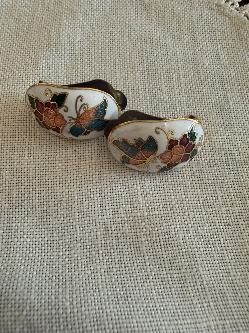 Vintage White Enamel Butterfly Floral Clip-On Earrings